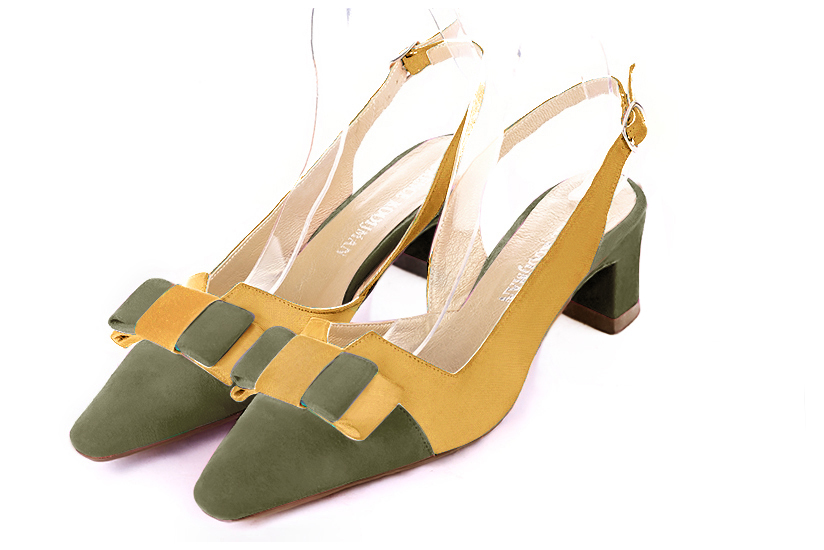 Khaki green and mustard yellow women's open back shoes, with a knot. Tapered toe. Low kitten heels. Front view - Florence KOOIJMAN